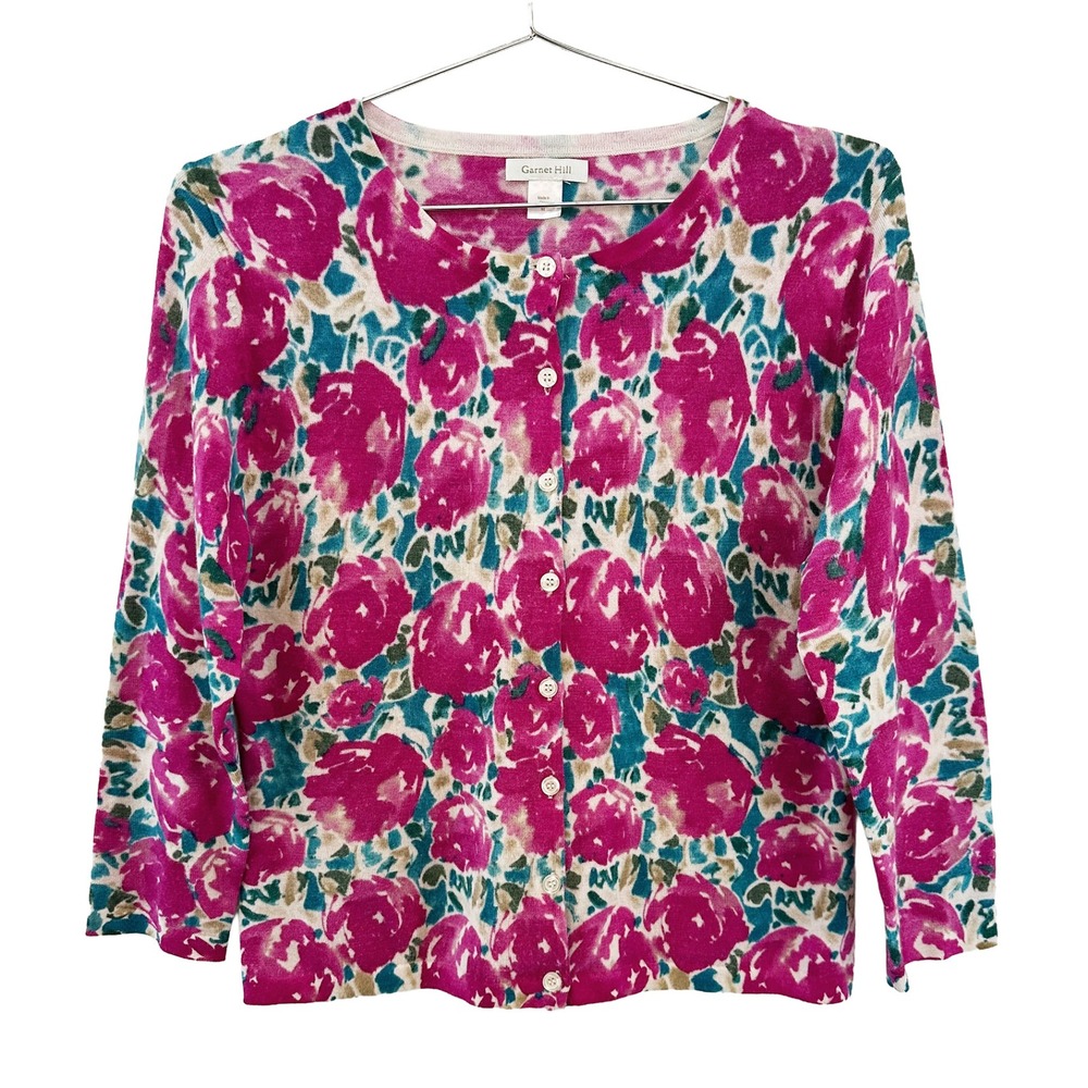 GARNET HILL 100% Merino Wool Floral Cardigan • Medium • pink blue • cottage boho
